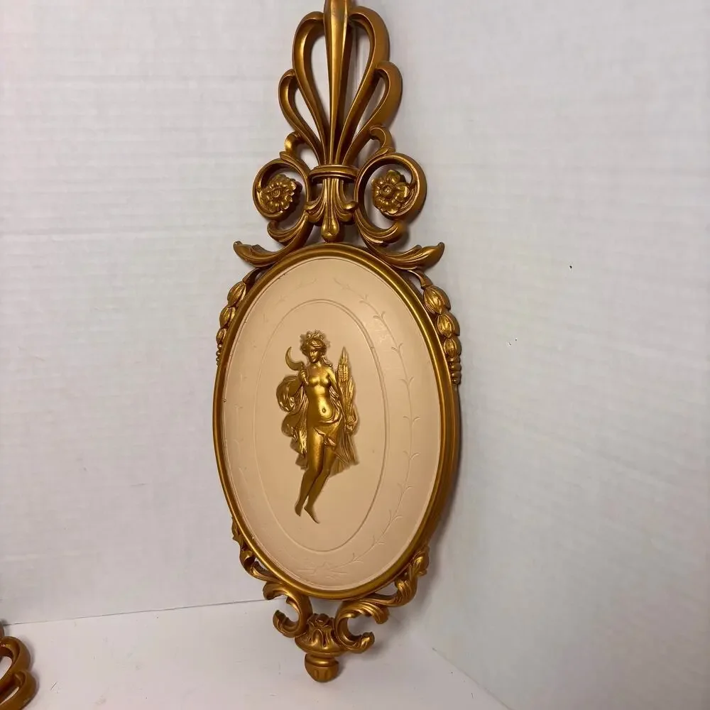 Vintage Dart Industries Gold Greek Goddess Wall Plaques# 7246, 20 inches MCM